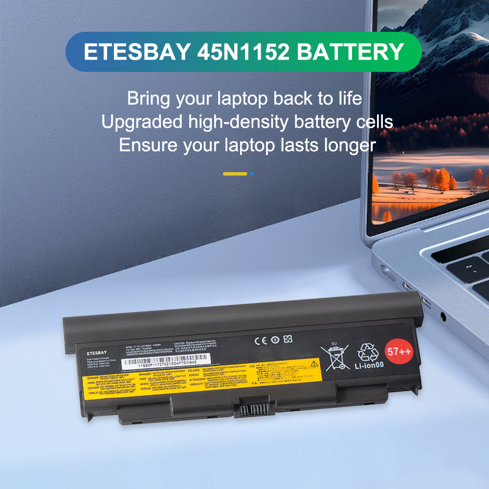 ETESBAY 45N1152 T440P replacement battery beside a laptop with Bring your laptop back to life hero message.