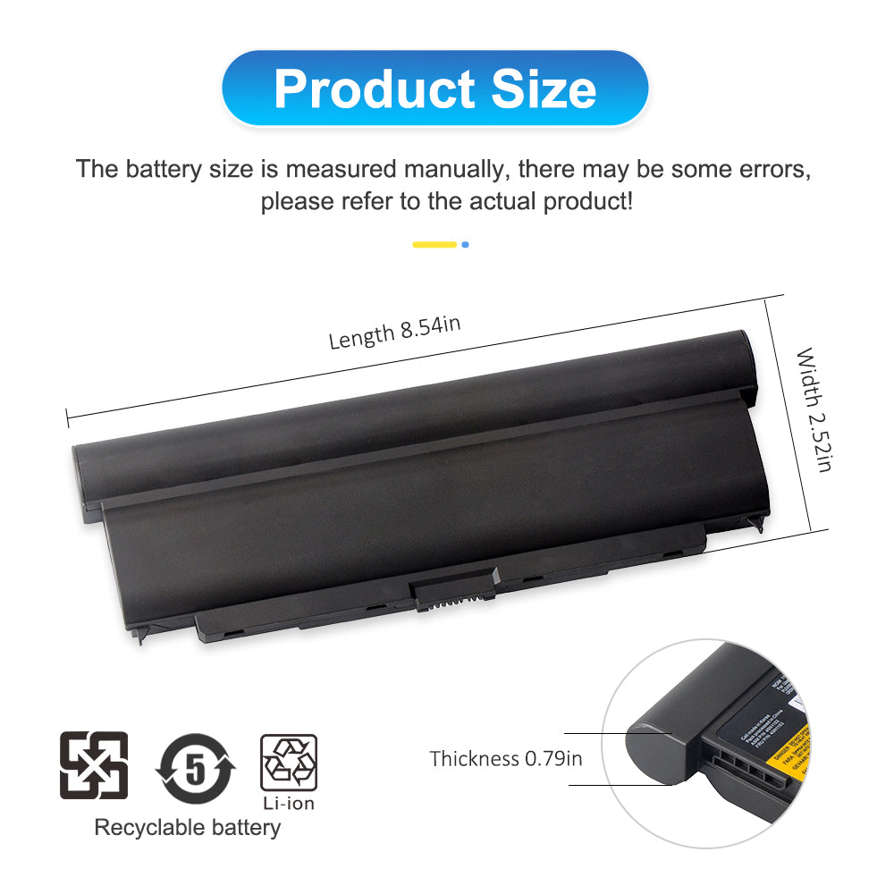 T440P 45N1152 battery size diagram showing 8.54in length, 2.52in width, 0.79in thickness and recyclable Li-ion design.