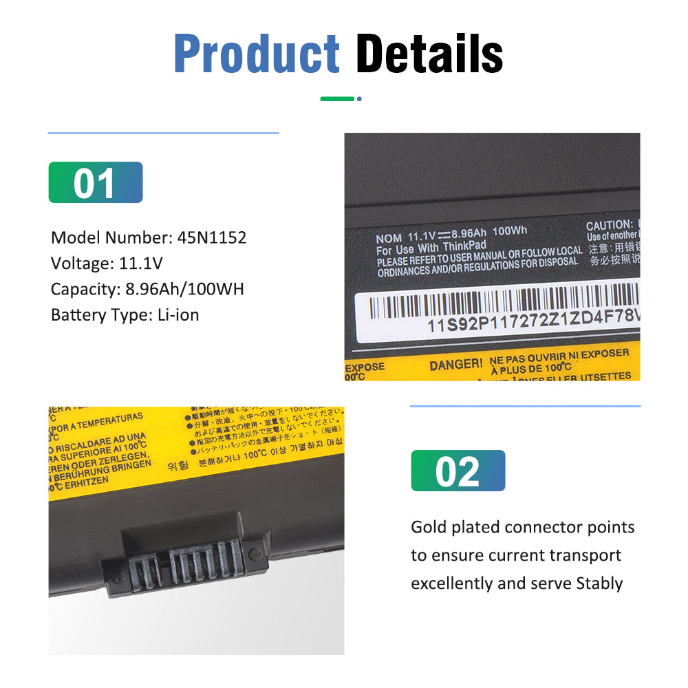 Close-up of T440P 45N1152 battery label showing 11.1V 100Wh Li-ion specs and gold-plated connector points.