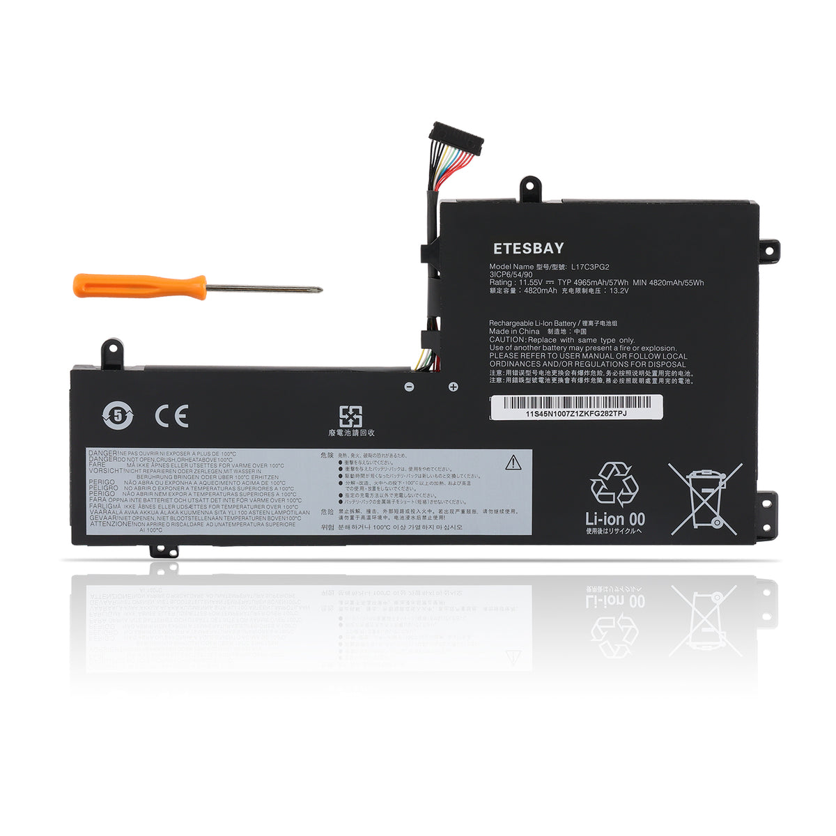 ETESBAY L17C3PG2 laptop battery with screwdriver, showing label, connector, CE mark, recyclable Li-ion 11.52V 57Wh