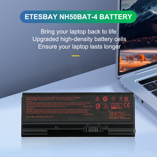 ETESBAY NH50BAT-4 replacement laptop battery front view with upgraded high-density cells for Clevo Hasee gaming laptops