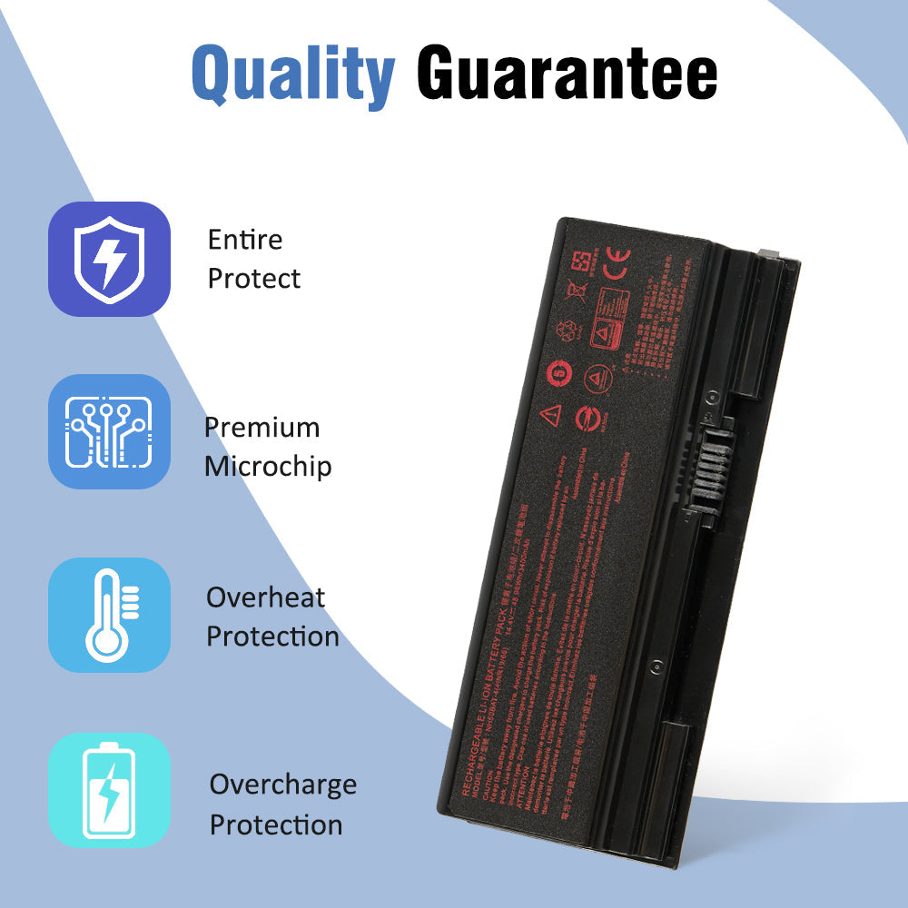 NH50BAT-4 replacement battery back view showing safety certification labels and four protection features including overheat protection
