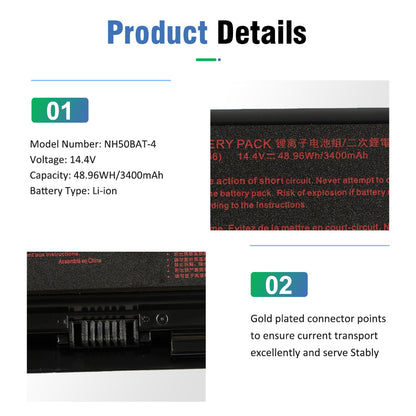 NH50BAT-4 battery specification label displaying 14.4V 48.96Wh 3400mAh capacity and gold-plated connector close-up details