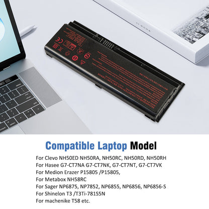 NH50BAT-4 battery placed next to Clevo Hasee laptop, compatible with NH50ED NH50RA G7-CT7NA NP6875 P15805 T58 series