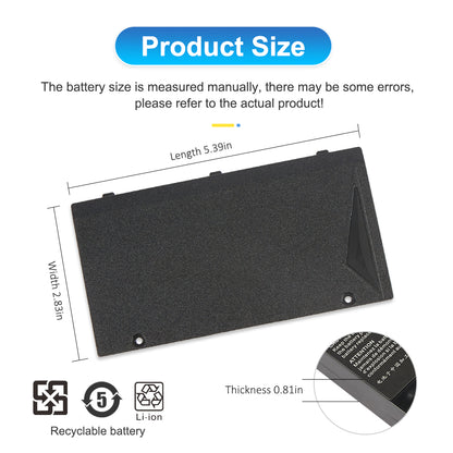 PB50BAT-6 laptop battery dimensions: length 5.39 inches, width 2.83 inches, thickness 0.81 inches, bottom view with mounting holes and connector clips