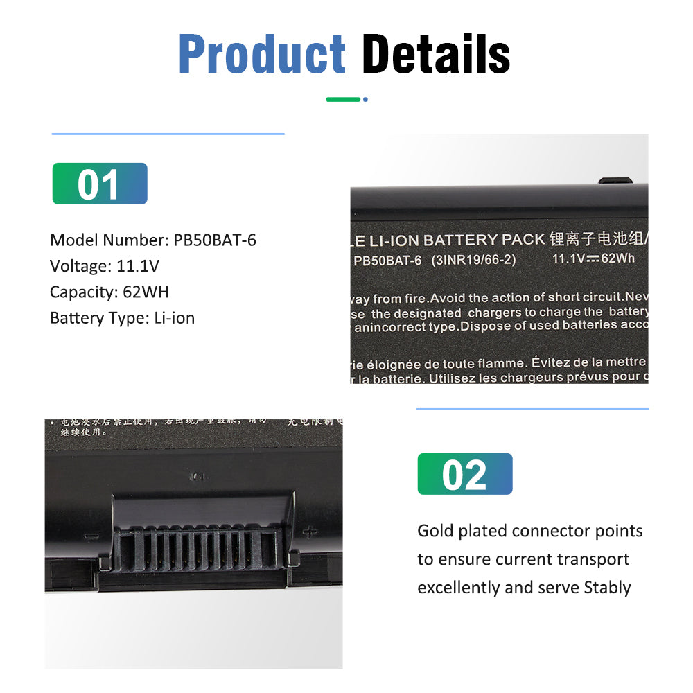 PB50BAT-6 battery product details: 11.1V 62Wh Li-ion specifications and gold plated connector points for stable current transport