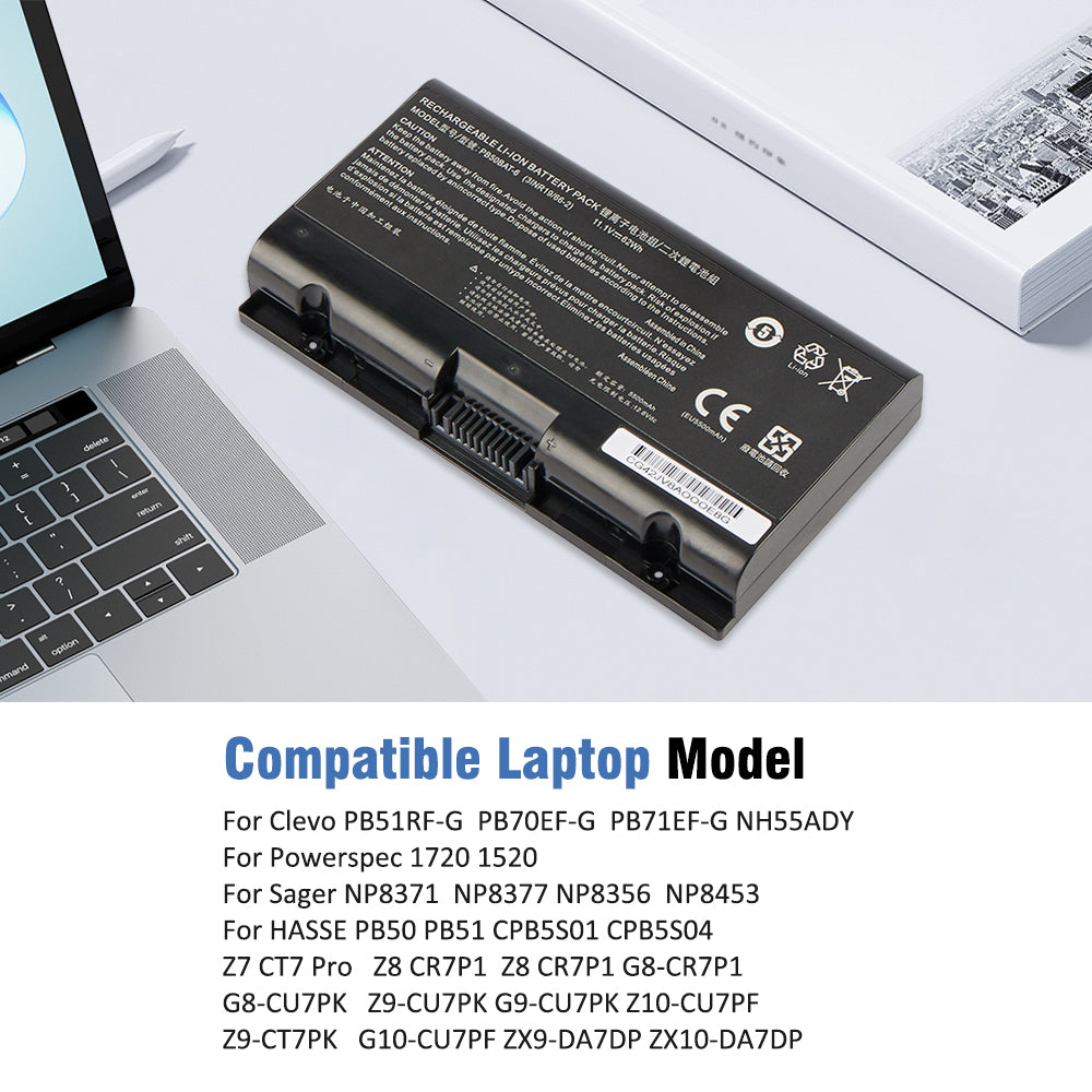 PB50BAT-6 battery placed beside Clevo Hasee gaming laptop, compatible with PB51RF-G PB70EF-G NP8371 NP8377 Z8 CR7P1 G8-CU7PK series models
