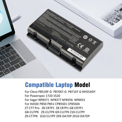 PB50BAT-6 battery placed beside Clevo Hasee gaming laptop, compatible with PB51RF-G PB70EF-G NP8371 NP8377 Z8 CR7P1 G8-CU7PK series models