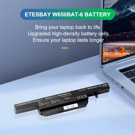 ETESBAY W650BAT-6 replacement laptop battery with upgraded high-density cells for extended life, compatible with Clevo Hasee gaming notebooks