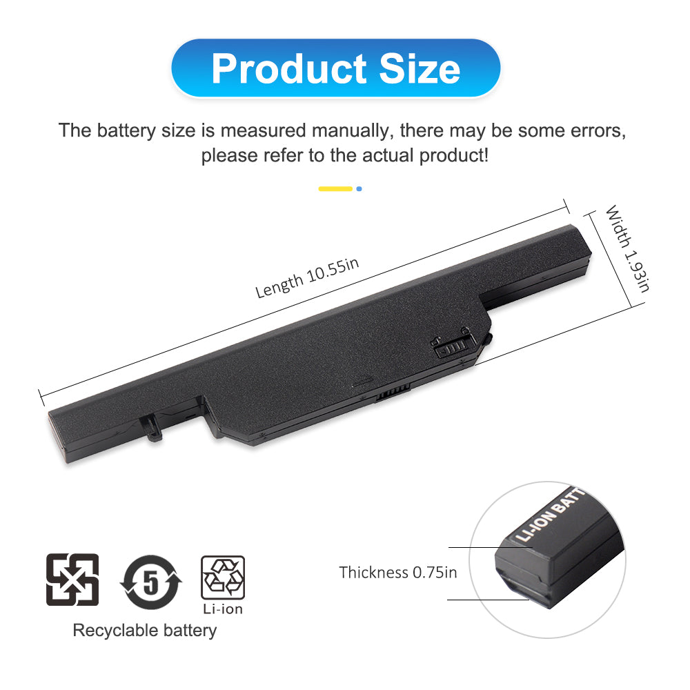 W650BAT-6 laptop battery dimensions: length 10.55 inches, width 1.93 inches, thickness 0.75 inches, recyclable Li-ion bottom view