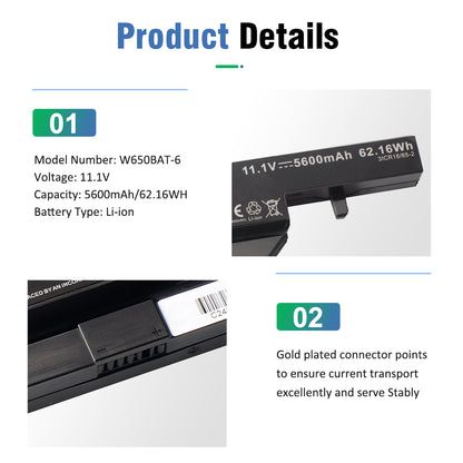 W650BAT-6 battery product details displaying 11.1V 5600mAh 62.16Wh specifications and gold plated connector points for stable current transport