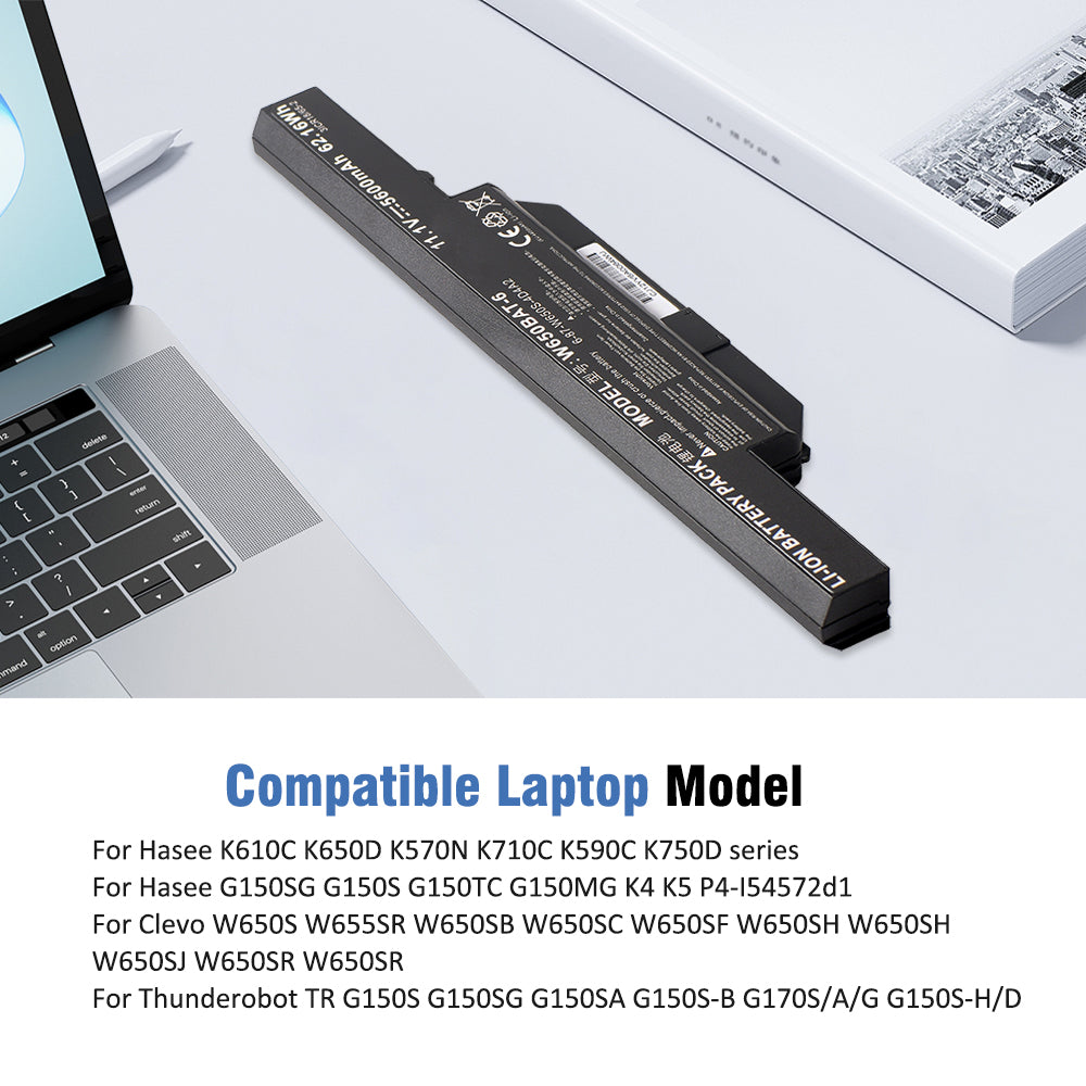 W650BAT-6 battery placed beside laptop, compatible with Hasee K610C K650D K570N G150S G150SG K4 K5 series and Clevo W650S Thunderobot laptops