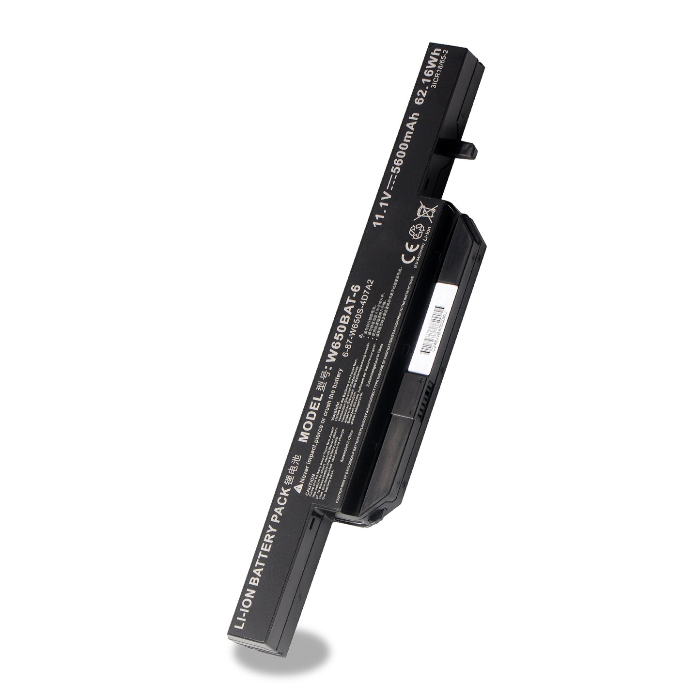W650BAT-6 rechargeable Li-ion battery pack white background angled view, model W650BAT-6 11.1V 5600mAh 62.16Wh CE certified for Clevo Hasee laptops