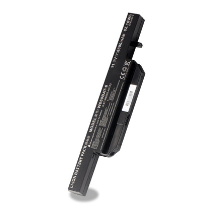 W650BAT-6 rechargeable Li-ion battery pack white background angled view, model W650BAT-6 11.1V 5600mAh 62.16Wh CE certified for Clevo Hasee laptops
