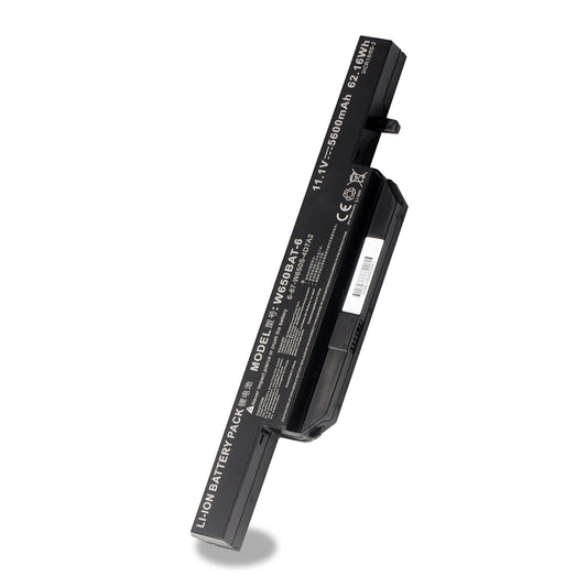 W650BAT-6 rechargeable Li-ion battery pack white background angled view, model W650BAT-6 11.1V 5600mAh 62.16Wh CE certified for Clevo Hasee laptops